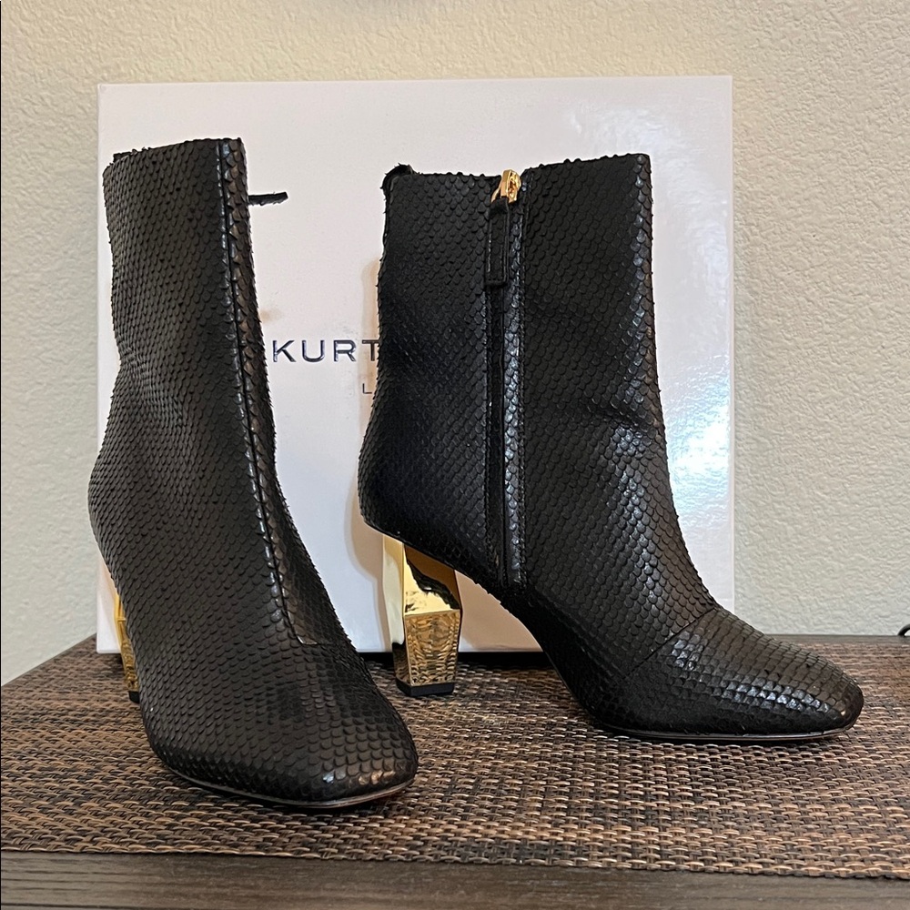 Kurt Geiger Daxon Black Printed Leather Ankle Boots with Gold Accents